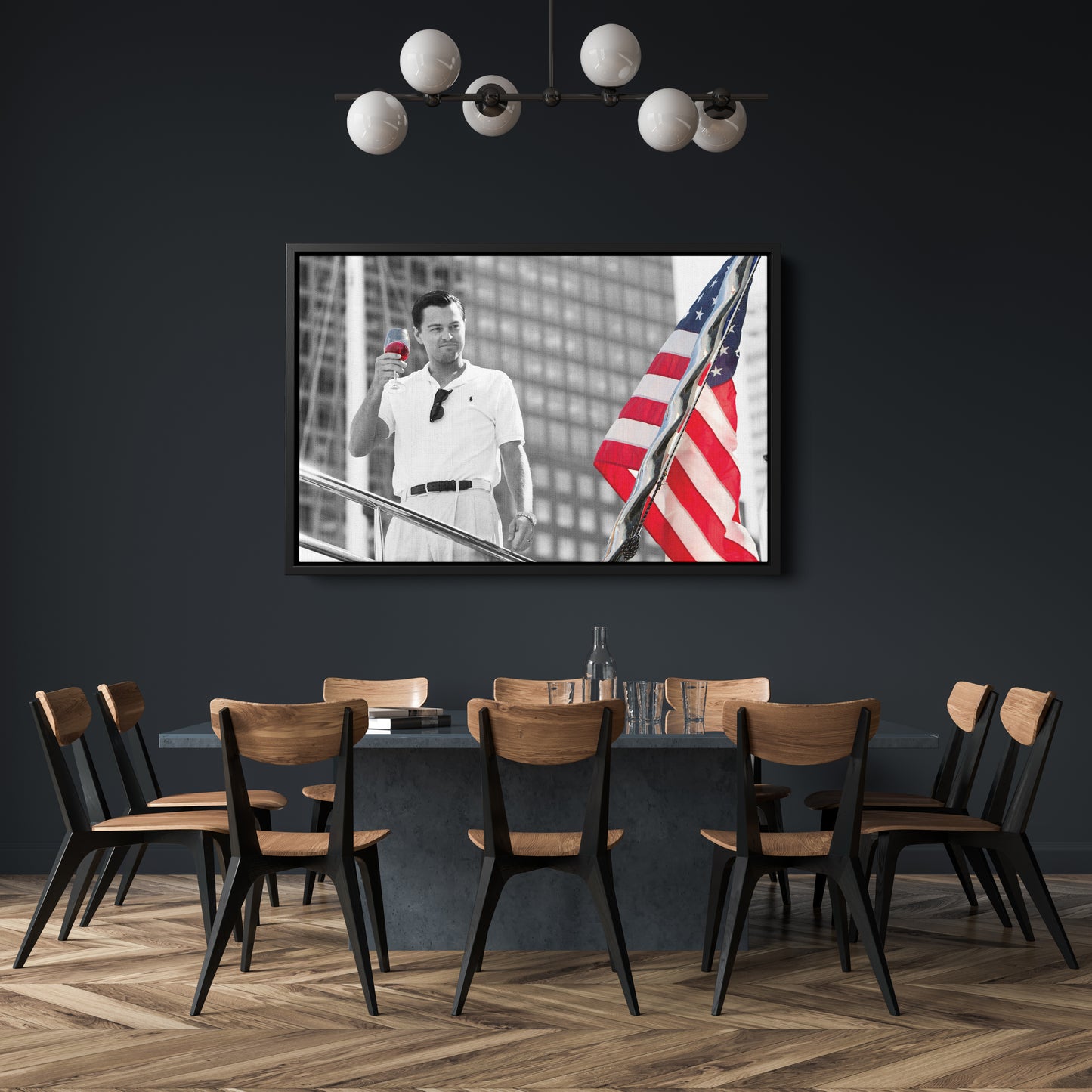 The Wolf of Wall Street with American Flag Canvas Wall Art – Iconic Movie Moment Decor