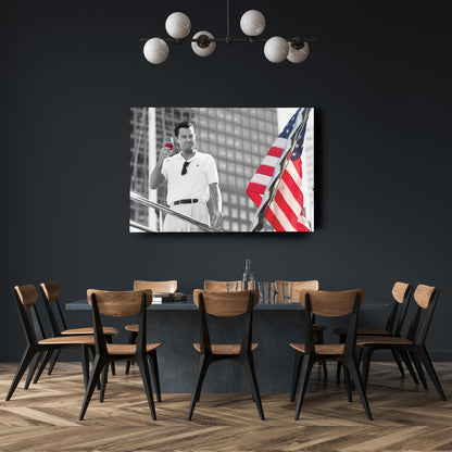 The Wolf of Wall Street with American Flag Canvas Wall Art – Iconic Movie Moment Decor