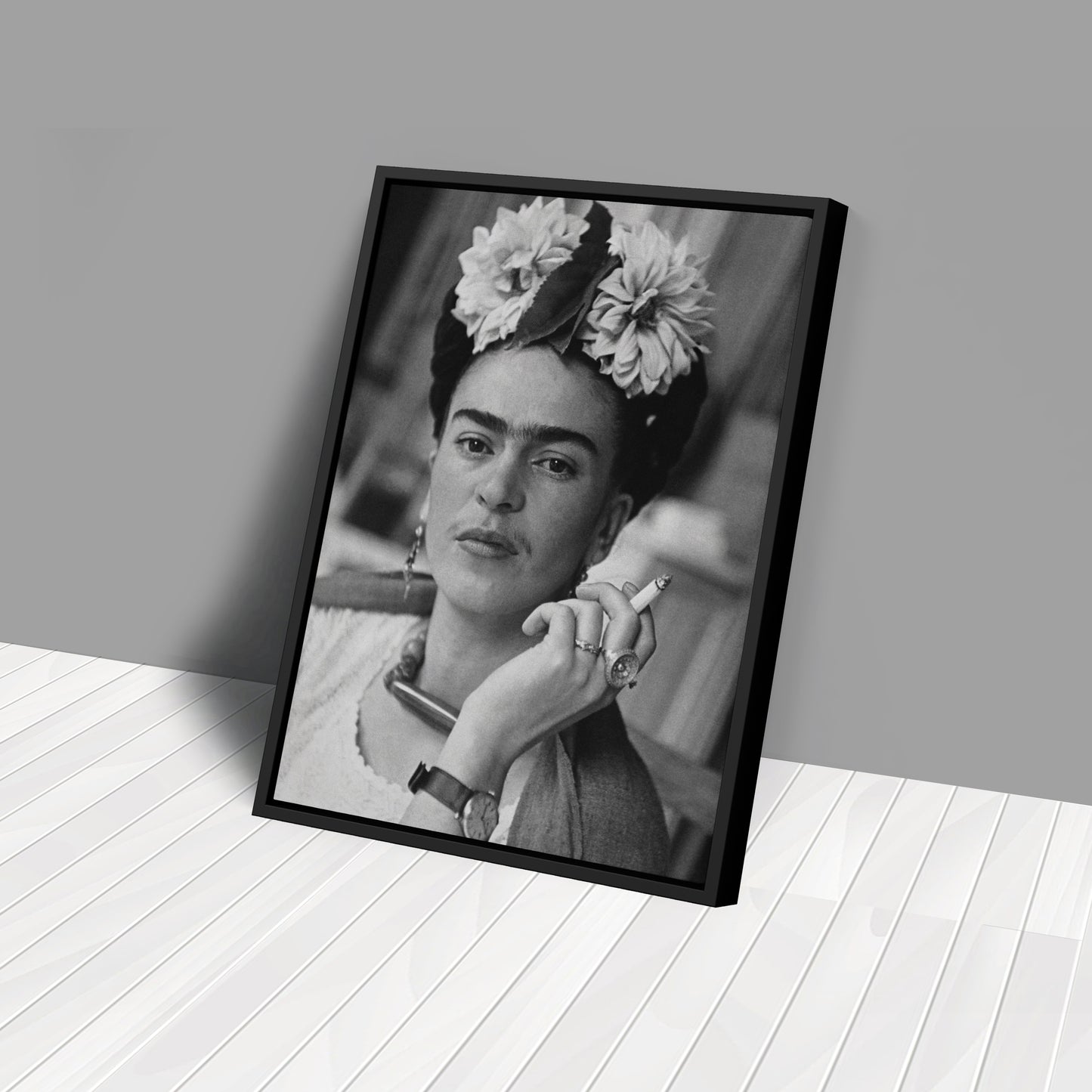 Frida Kahlo Smoking Black and White Canvas Wall Art – Iconic Art Print