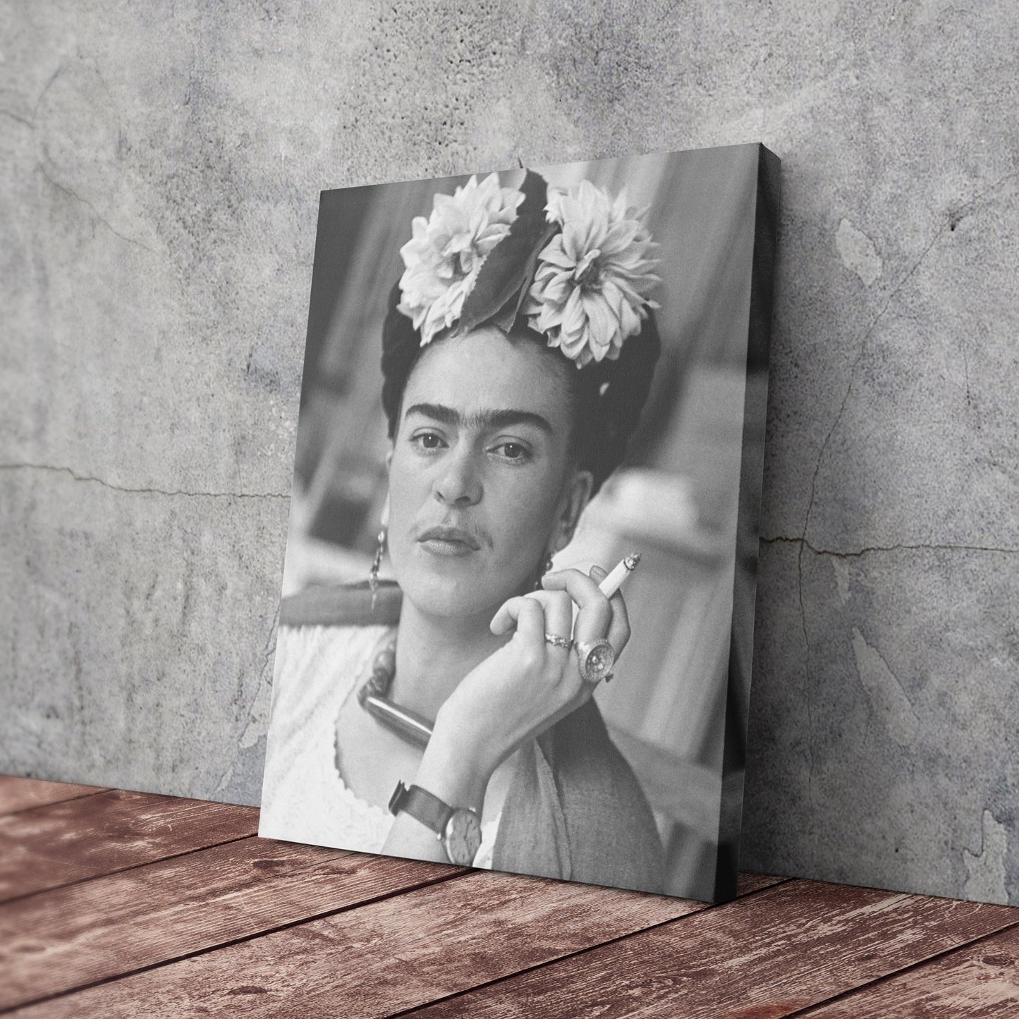 Frida Kahlo Smoking Black and White Canvas Wall Art – Iconic Art Print