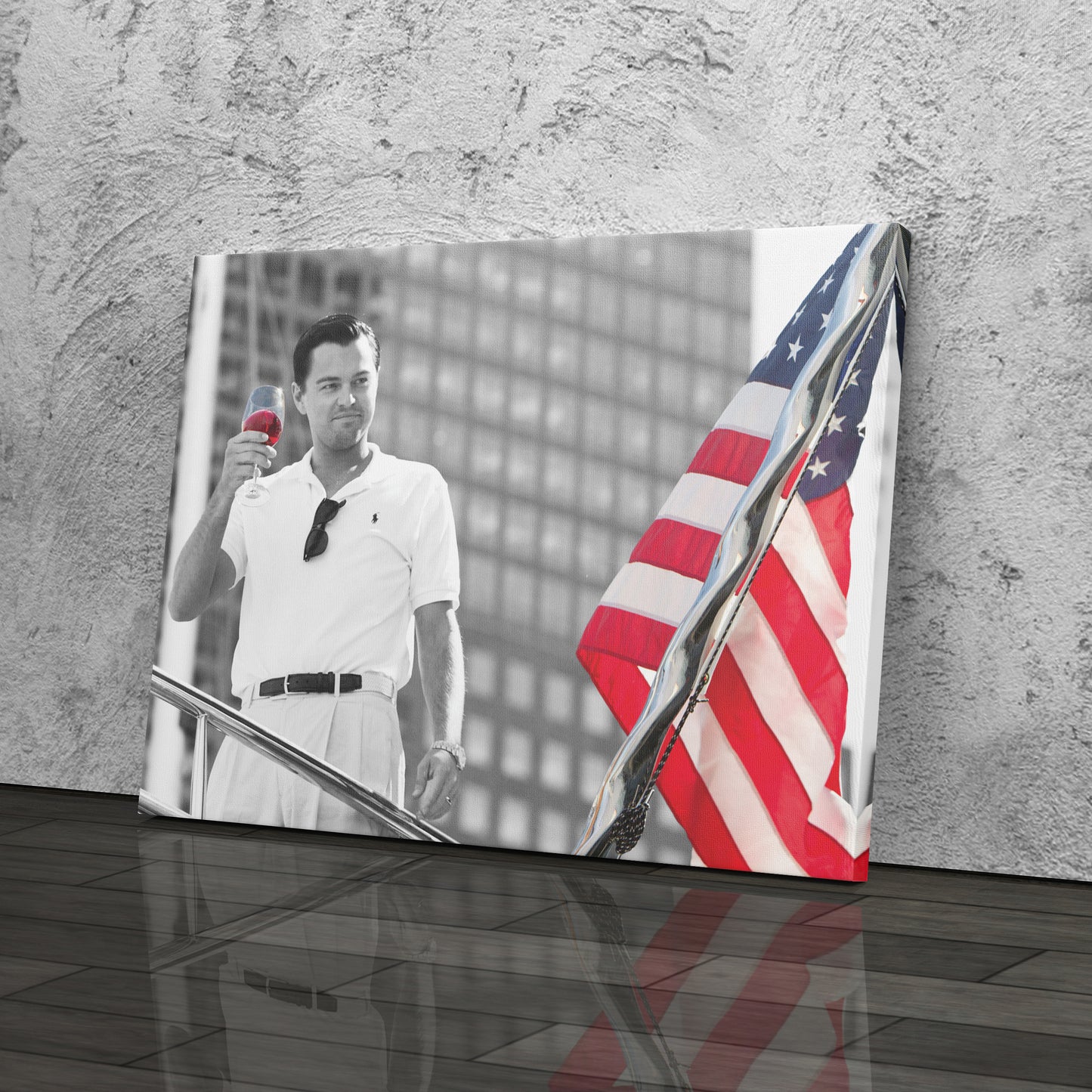 The Wolf of Wall Street with American Flag Canvas Wall Art – Iconic Movie Moment Decor