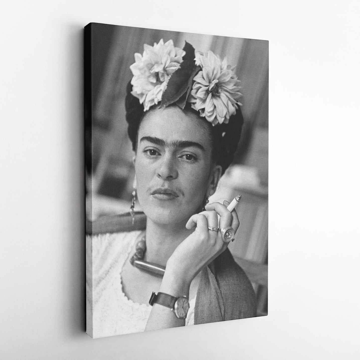 Frida Kahlo Smoking Black and White Canvas Wall Art – Iconic Art Print