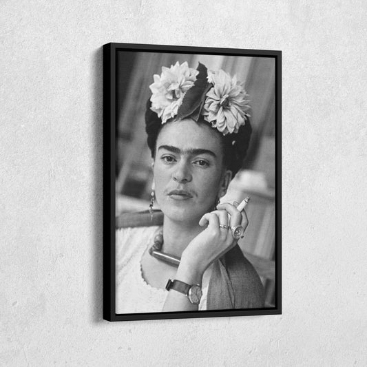 Frida Kahlo Smoking Black and White Canvas Wall Art – Iconic Art Print