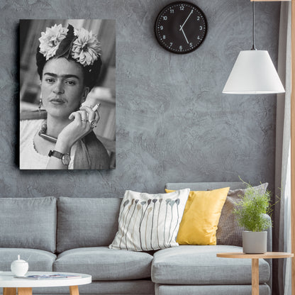 Frida Kahlo Smoking Black and White Canvas Wall Art – Iconic Art Print