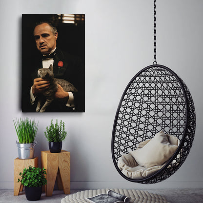 Godfather Marlon Brando Vito Corleone with Cat Canvas Wall Art – Iconic Movie Scene