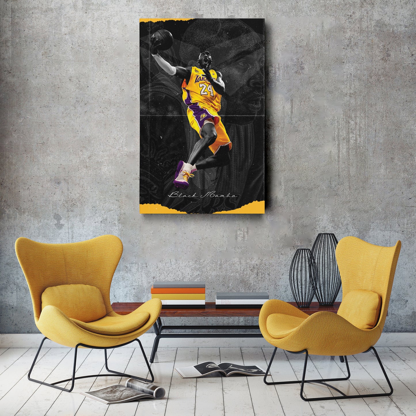 Kobe Bryant Basketball Black Background Canvas Wall Art – NBA Star Print