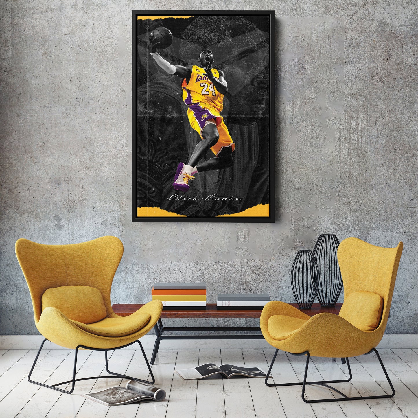 Kobe Bryant Basketball Black Background Canvas Wall Art – NBA Star Print