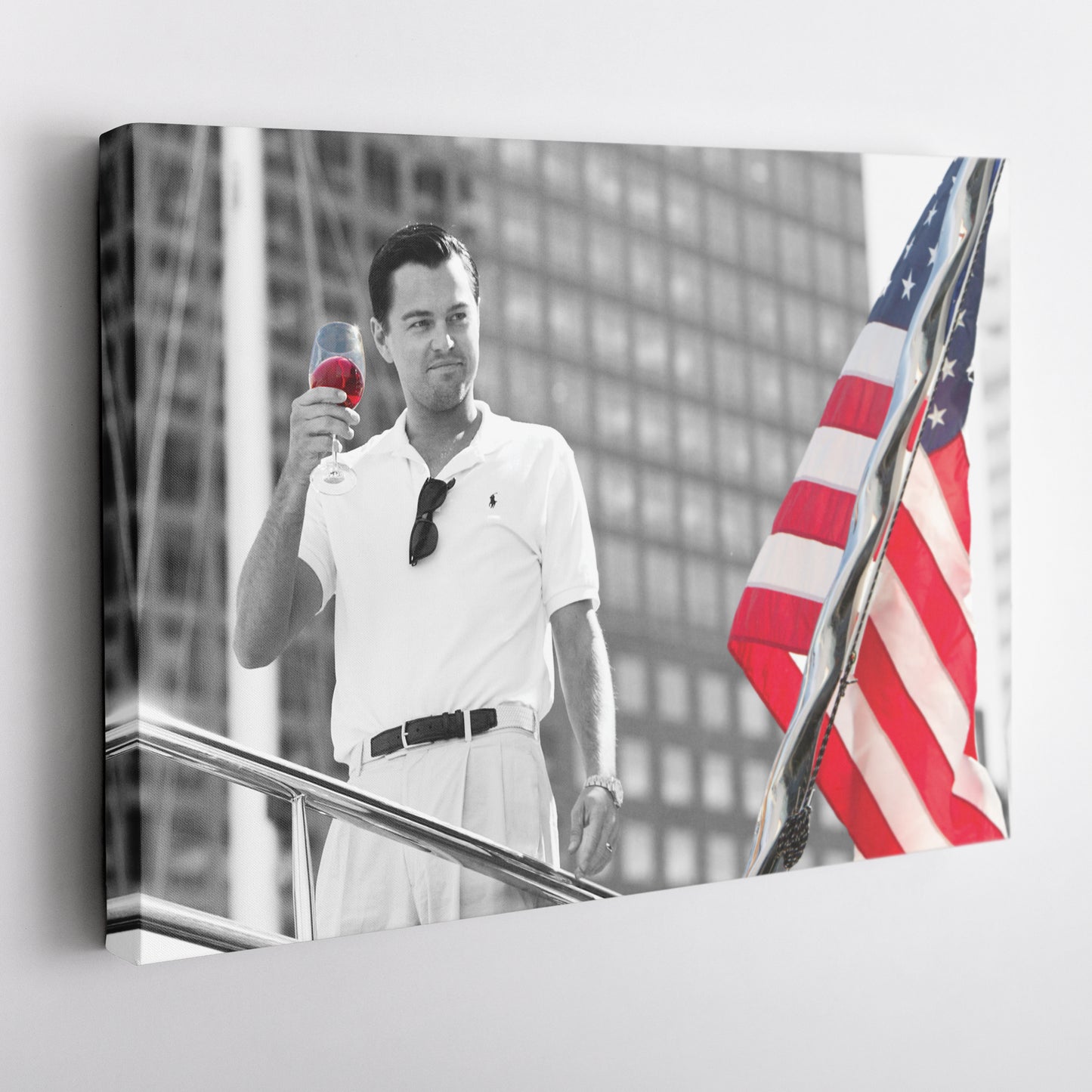 The Wolf of Wall Street with American Flag Canvas Wall Art – Iconic Movie Moment Decor