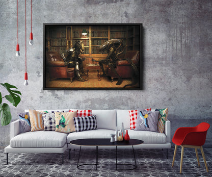 Alien vs Predator Playing Chess Wall Art Home Decor Hand Made Canvas Print