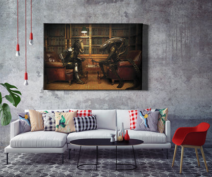 Alien vs Predator Playing Chess Wall Art Home Decor Hand Made Canvas Print