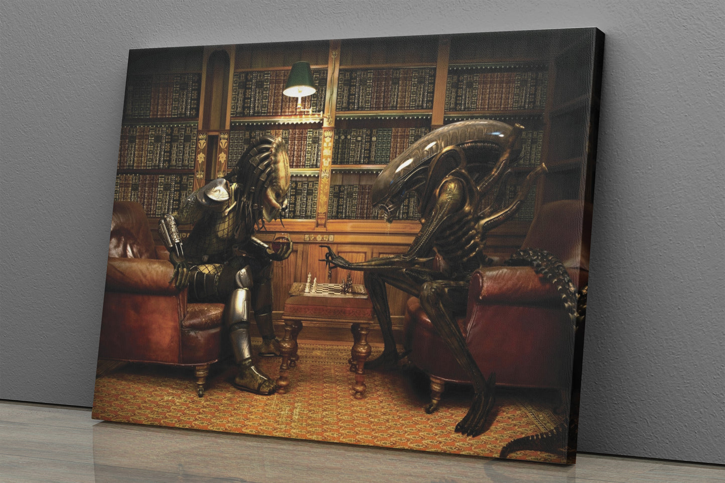 Alien vs Predator Playing Chess Wall Art Home Decor Hand Made Canvas Print